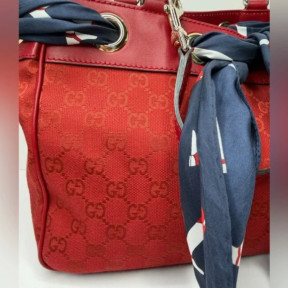 Gucci Vintage Red GG Canvas Tote with Silk Scarf Handles - Picture 2 of 9